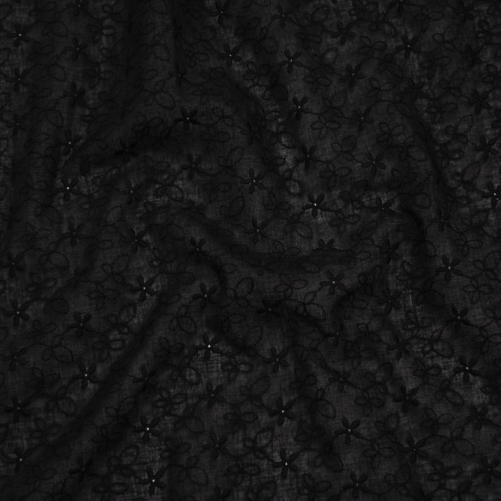 Embroidered Eyelet Cotton Voile - Black Daisies and Leaves - Naomi Collection