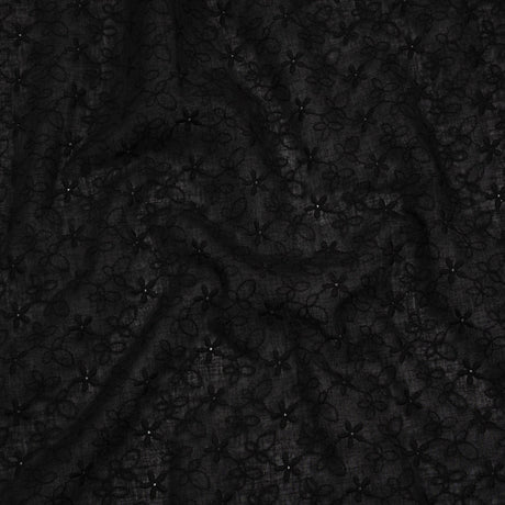 Embroidered Eyelet Cotton Voile - Black Daisies and Leaves - Naomi Collection