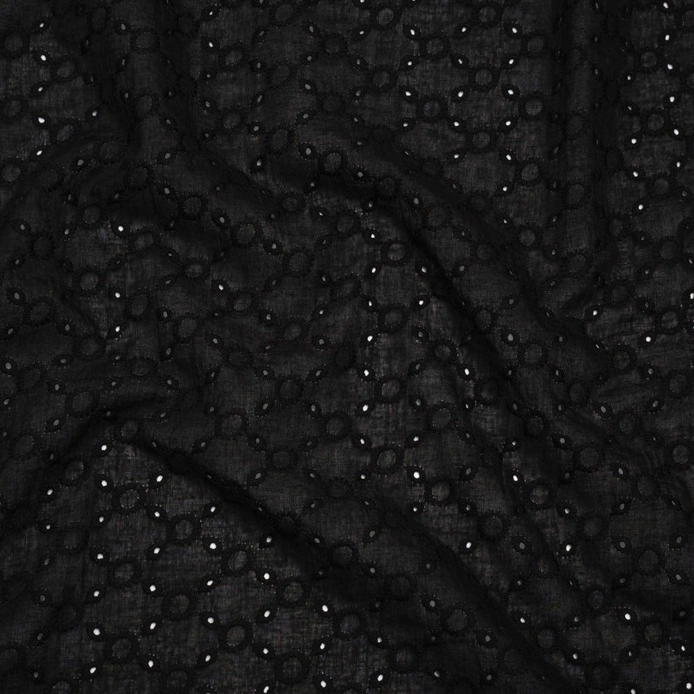 Embroidered Eyelet Cotton Voile - Black Rings and Lattices - Naomi Collection