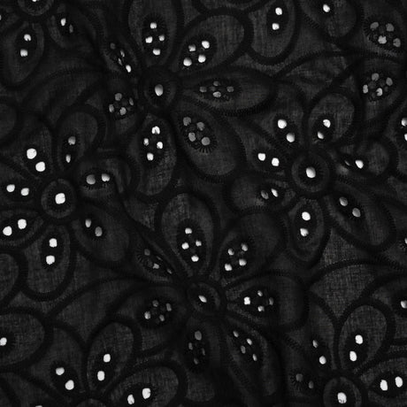 Embroidered Eyelet Cotton Voile - Black Big Flowers - Naomi Collection