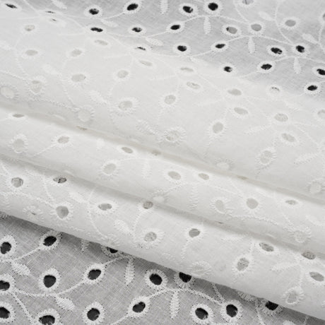 Embroidered Eyelet Cotton Voile - White Leafy Vines - Naomi Collection