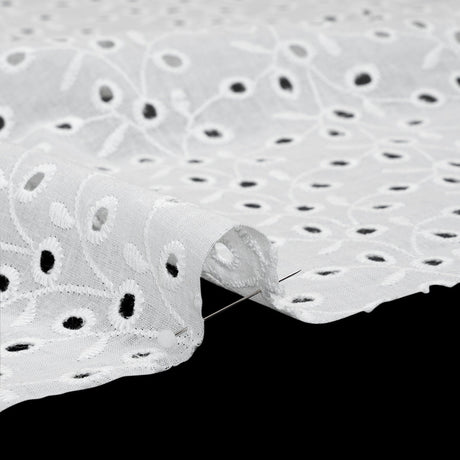 Embroidered Eyelet Cotton Voile - White Leafy Vines - Naomi Collection