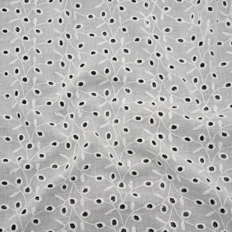 Embroidered Eyelet Cotton Voile - White Leafy Vines - Naomi Collection