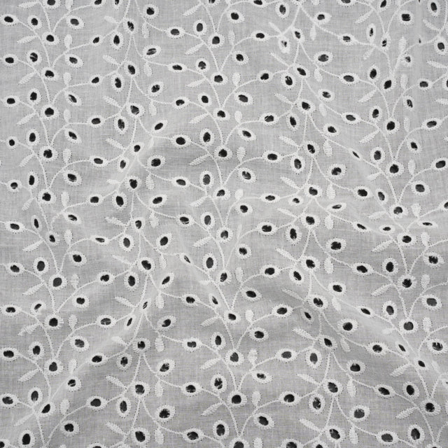 Embroidered Eyelet Cotton Voile - White Leafy Vines - Naomi Collection