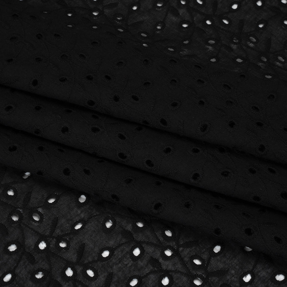 Embroidered Eyelet Cotton Voile - Black Leafy Vines - Naomi Collection