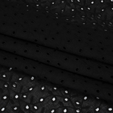Embroidered Eyelet Cotton Voile - Black Leafy Vines - Naomi Collection