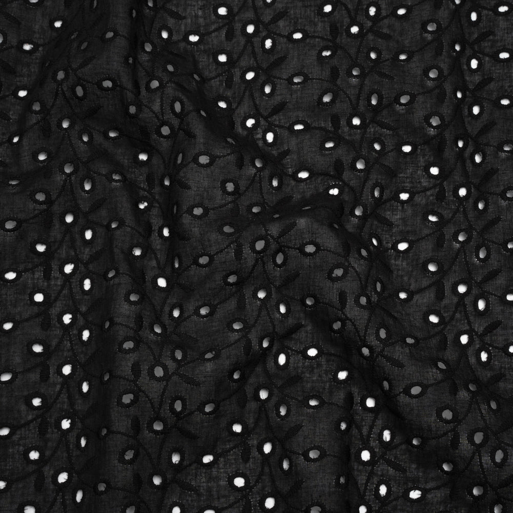 Embroidered Eyelet Cotton Voile - Black Leafy Vines - Naomi Collection