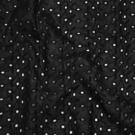Embroidered Eyelet Cotton Voile - Black Leafy Vines - Naomi Collection
