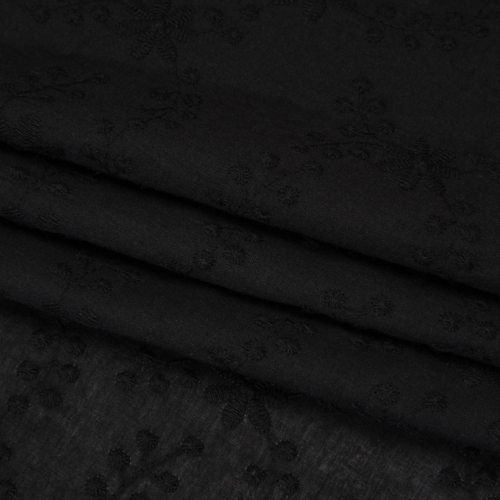 Embroidered Eyelet Cotton Voile - Black Flowers on Branches - Naomi Collection