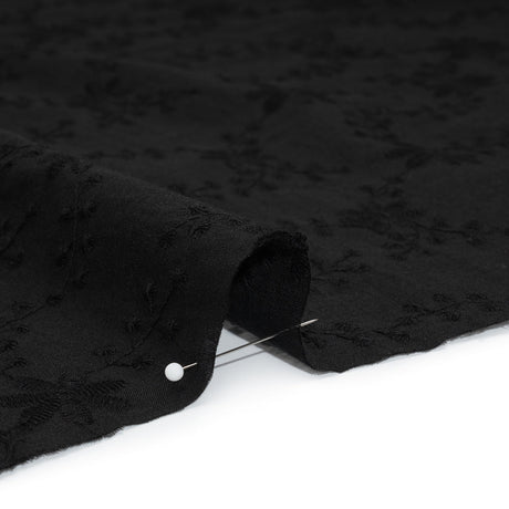 Embroidered Eyelet Cotton Voile - Black Flowers on Branches - Naomi Collection