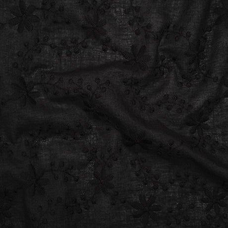 Embroidered Eyelet Cotton Voile - Black Flowers on Branches - Naomi Collection