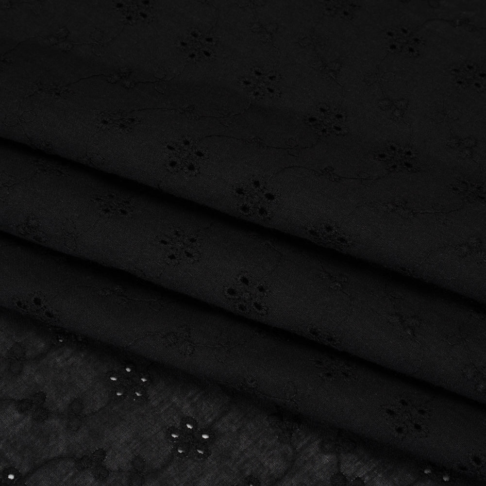 Embroidered Eyelet Cotton Voile - Black Wavy Daisy Vines - Naomi Collection