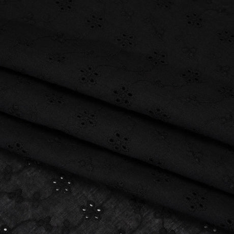 Embroidered Eyelet Cotton Voile - Black Wavy Daisy Vines - Naomi Collection