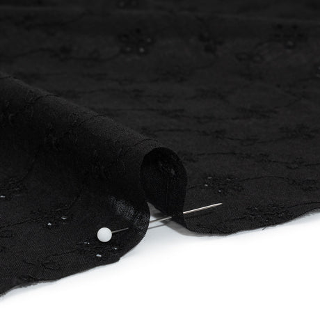 Embroidered Eyelet Cotton Voile - Black Wavy Daisy Vines - Naomi Collection