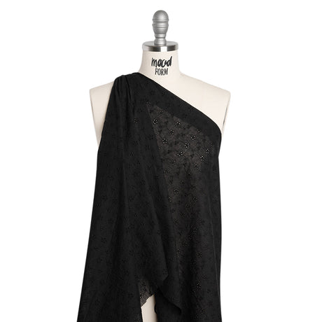 Embroidered Eyelet Cotton Voile - Black Wavy Daisy Vines - Naomi Collection