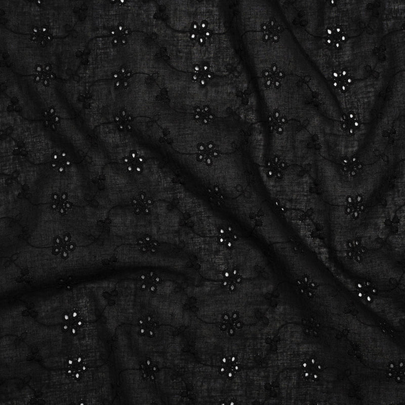 Embroidered Eyelet Cotton Voile - Black Wavy Daisy Vines - Naomi Collection