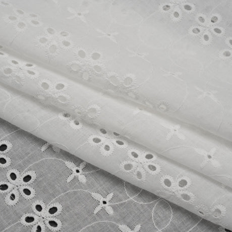 Embroidered Eyelet Cotton Voile - White Rows of Flowers - Naomi Collection