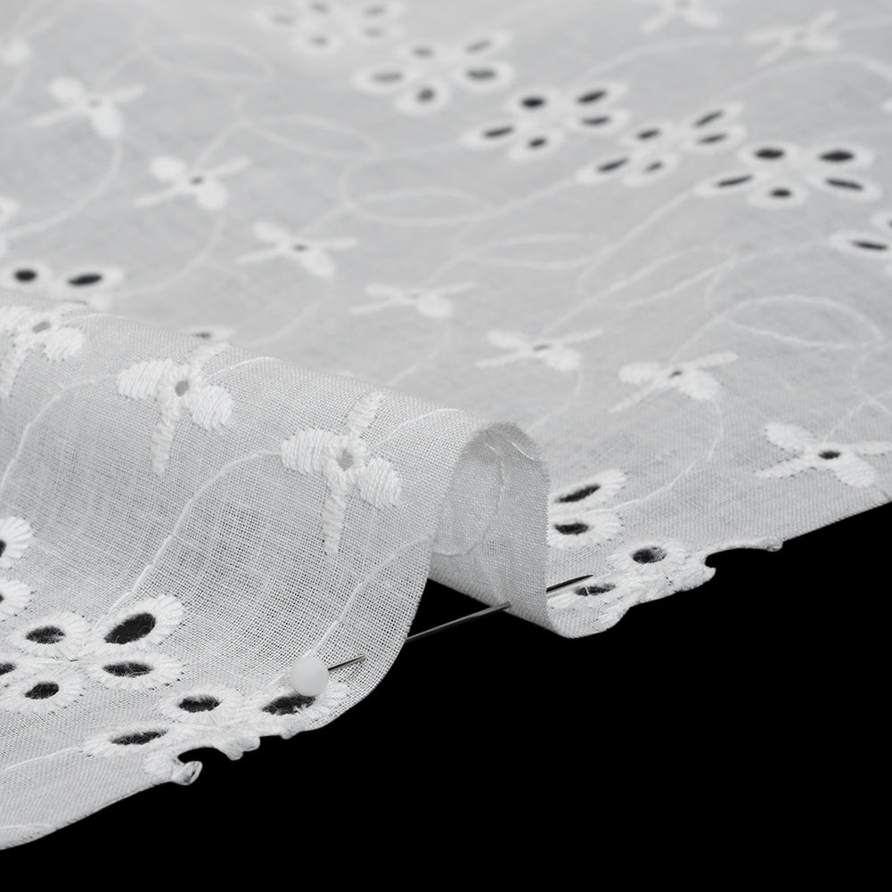 Embroidered Eyelet Cotton Voile - White Rows of Flowers - Naomi Collection