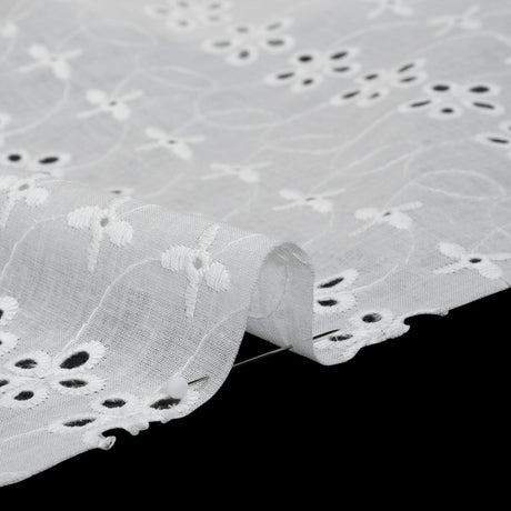 Embroidered Eyelet Cotton Voile - White Rows of Flowers - Naomi Collection
