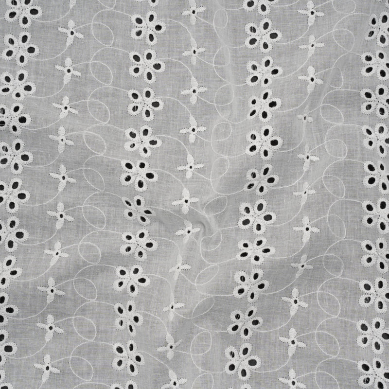 Embroidered Eyelet Cotton Voile - White Rows of Flowers - Naomi Collection