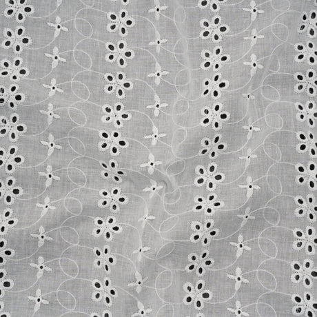 Embroidered Eyelet Cotton Voile - White Rows of Flowers - Naomi Collection