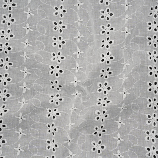 Embroidered Eyelet Cotton Voile - White Rows of Flowers - Naomi Collection