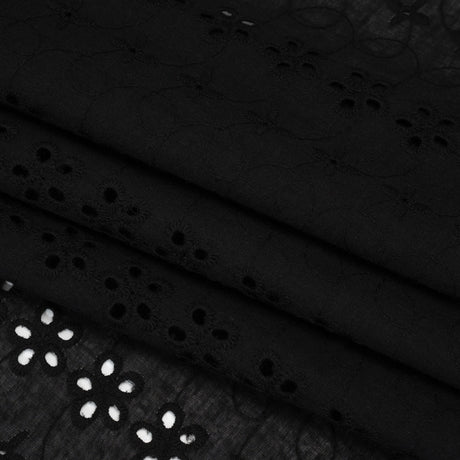 Embroidered Eyelet Cotton Voile - Black Rows of Flowers - Naomi Collection