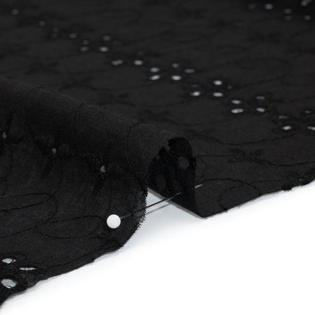 Embroidered Eyelet Cotton Voile - Black Rows of Flowers - Naomi Collection