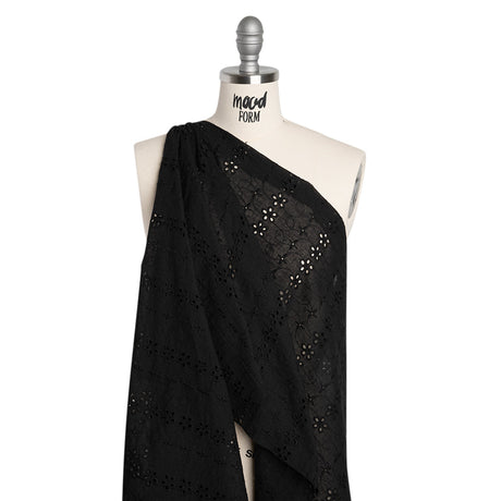 Embroidered Eyelet Cotton Voile - Black Rows of Flowers - Naomi Collection
