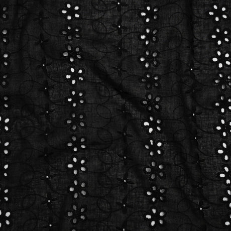 Embroidered Eyelet Cotton Voile - Black Rows of Flowers - Naomi Collection