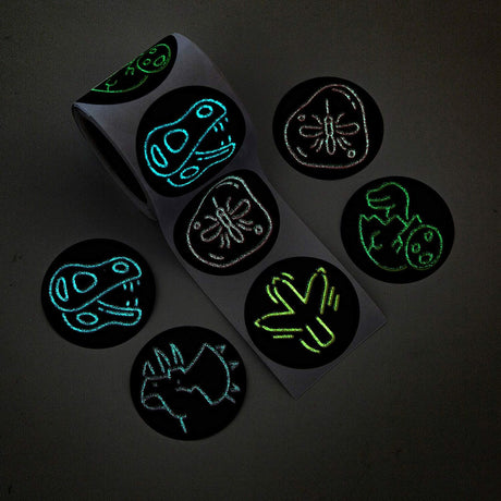 1 1/2" Glow in the-Dark Neon Dinosaur Paper Sticker Roll 100 Pc