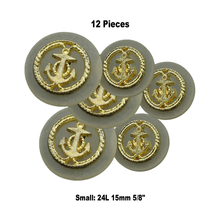 12 Pieces Gold Anchor on Ivory Base Buttons Small 5/8 Inch