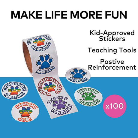 2 1/4" Multicolor Motivational Paw Print Sticker Roll 100 Pc