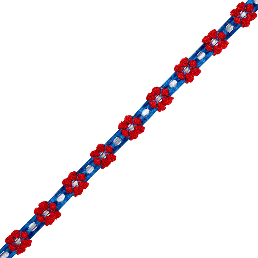 Cotton Jacquard Ribbon - 0.375" - Blue, Red and White Daisies and Dots