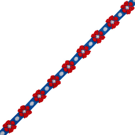Cotton Jacquard Ribbon - 0.375" - Blue, Red and White Daisies and Dots