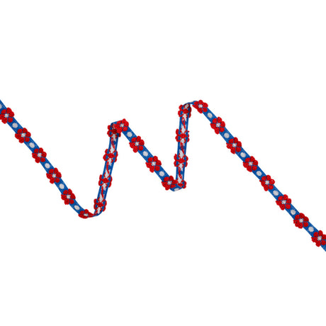 Cotton Jacquard Ribbon - 0.375" - Blue, Red and White Daisies and Dots