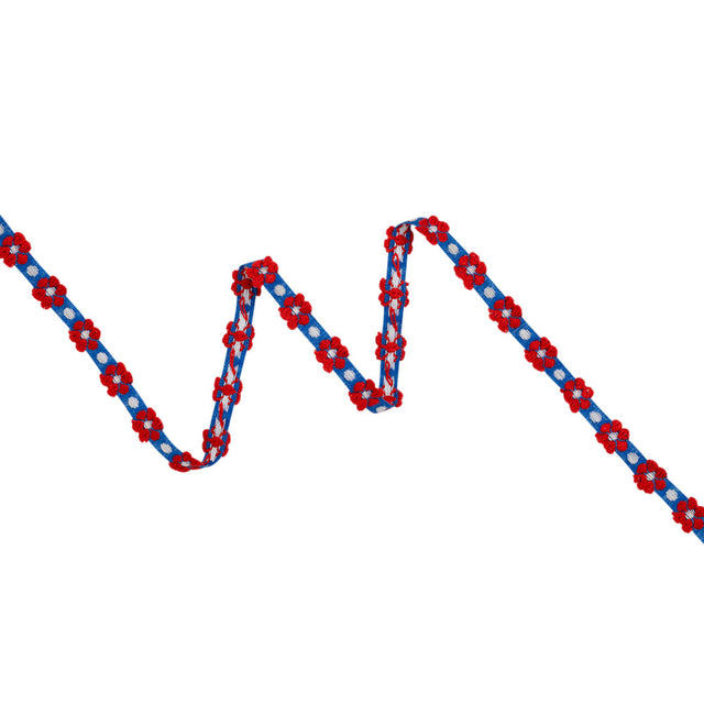 Cotton Jacquard Ribbon - 0.375" - Blue, Red and White Daisies and Dots