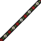 Cotton Jacquard Ribbon - 0.375" - Black, Red and White Daisies and Leaves