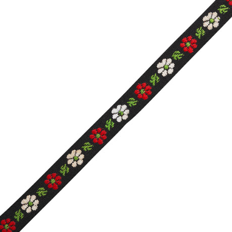 Cotton Jacquard Ribbon - 0.375" - Black, Red and White Daisies and Leaves