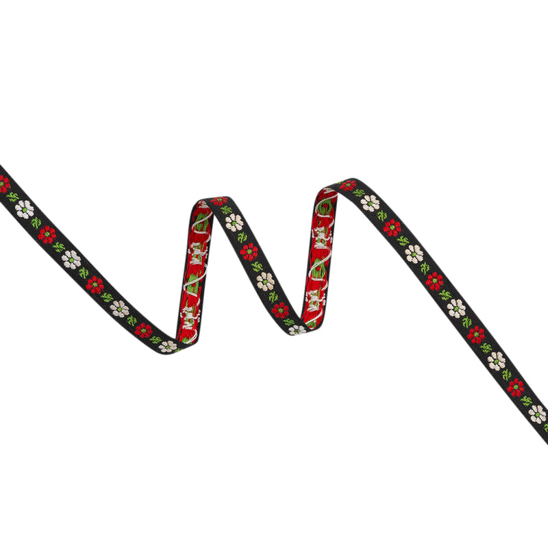 Cotton Jacquard Ribbon - 0.375" - Black, Red and White Daisies and Leaves