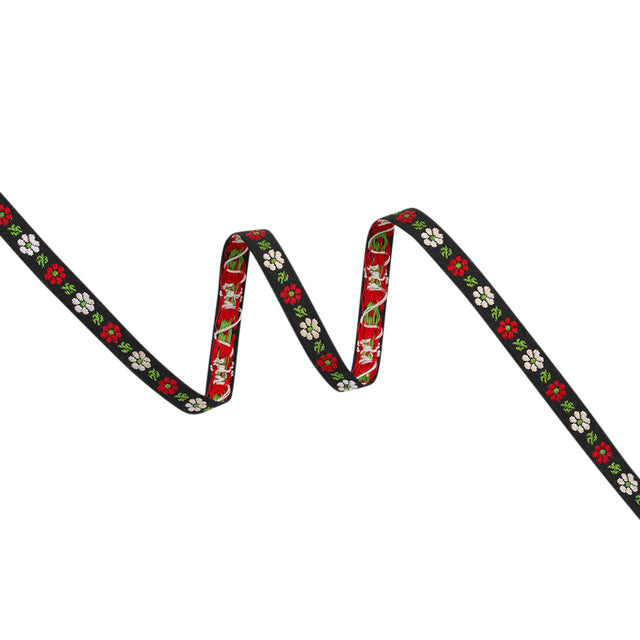 Cotton Jacquard Ribbon - 0.375" - Black, Red and White Daisies and Leaves