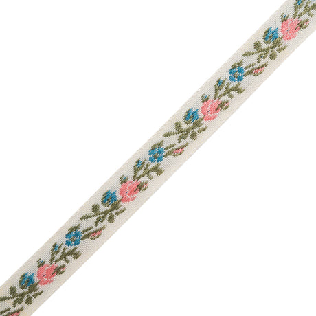 Cotton Jacquard Ribbon - 0.375" - White, Pink and Blue Flowering Vine
