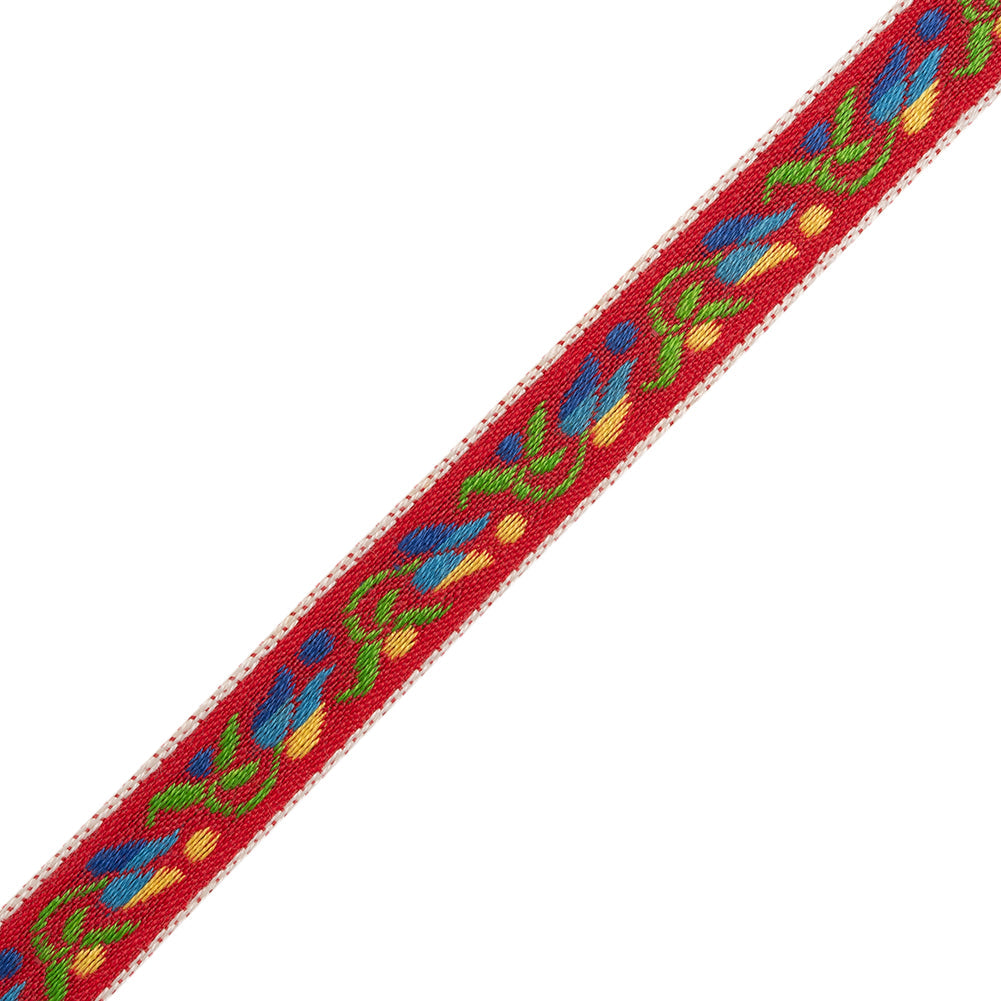 Cotton Jacquard Ribbon - 0.375" - Red, Blue and Yellow Tulip Vine