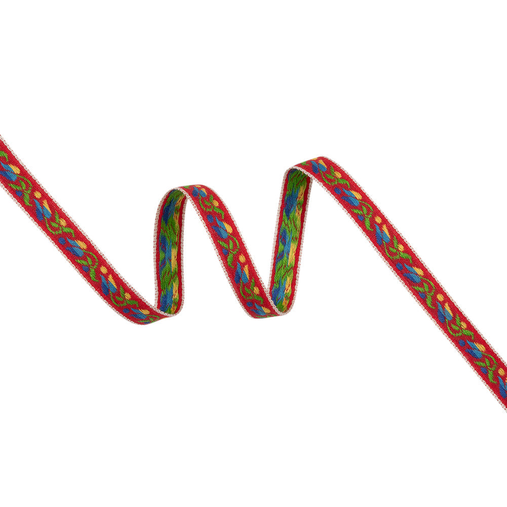 Cotton Jacquard Ribbon - 0.375" - Red, Blue and Yellow Tulip Vine
