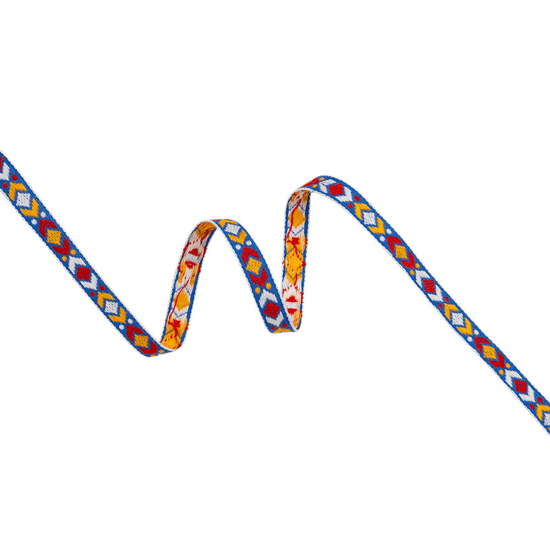 Cotton Jacquard Ribbon - 0.375" - Red, Yellow and Blue Diamond Geometric