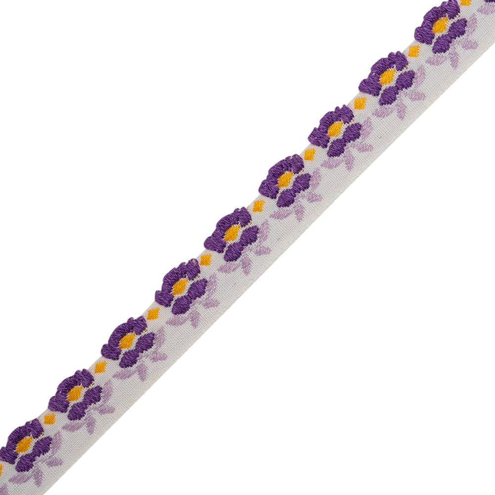 Cotton Jacquard Ribbon - 0.5" - Purple, Lilac and Yellow Blooming Flowers