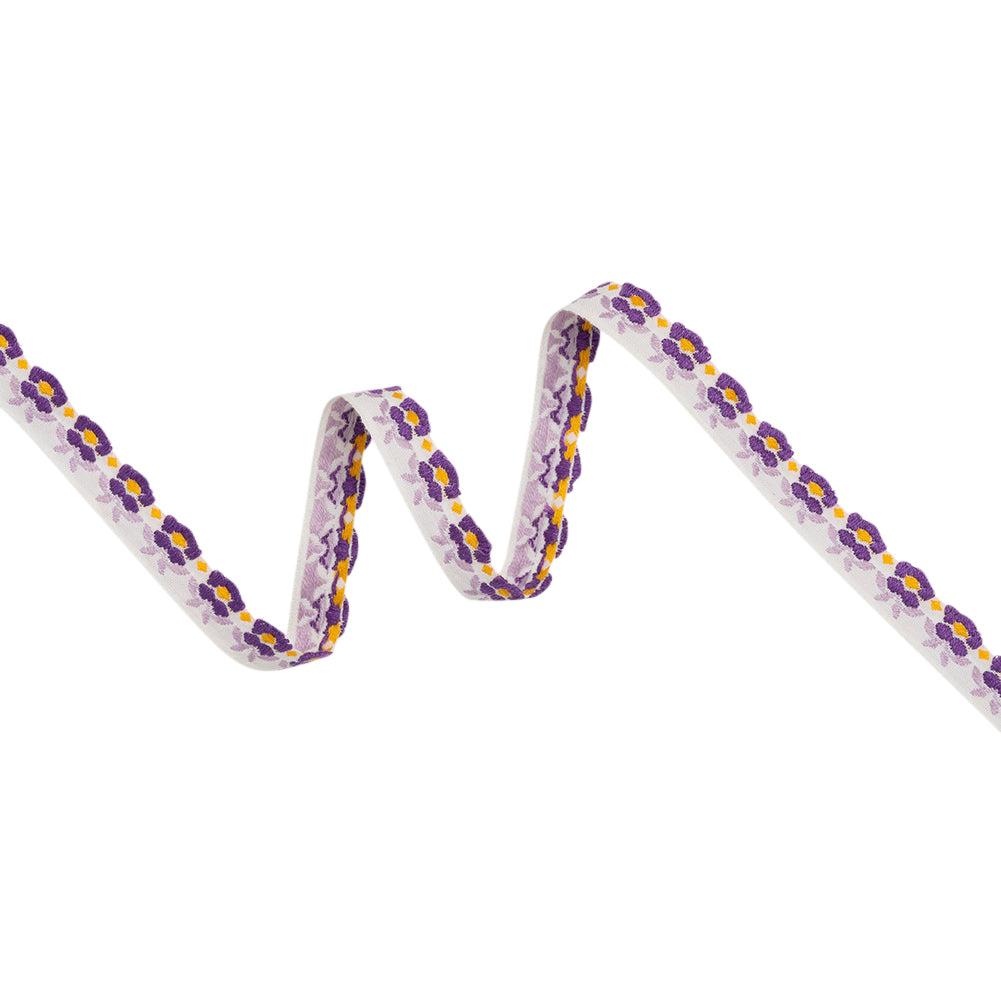 Cotton Jacquard Ribbon - 0.5" - Purple, Lilac and Yellow Blooming Flowers