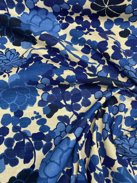 Waverly Blossom Cotton Linen Canvas Fabric - Indigo Blue Floral, 54" Width (1 Yard)