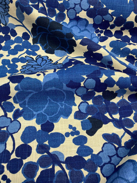 Waverly Blossom Cotton Linen Canvas Fabric - Indigo Blue Floral, 54" Width (1 Yard)