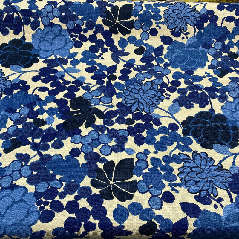 Waverly Blossom Cotton Linen Canvas Fabric - Indigo Blue Floral, 54" Width (1 Yard)